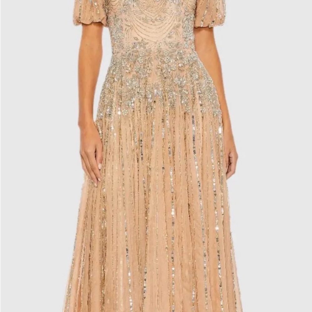 MacDuggal Beige High Neck Puff Sleeve Embellished A Line Gown